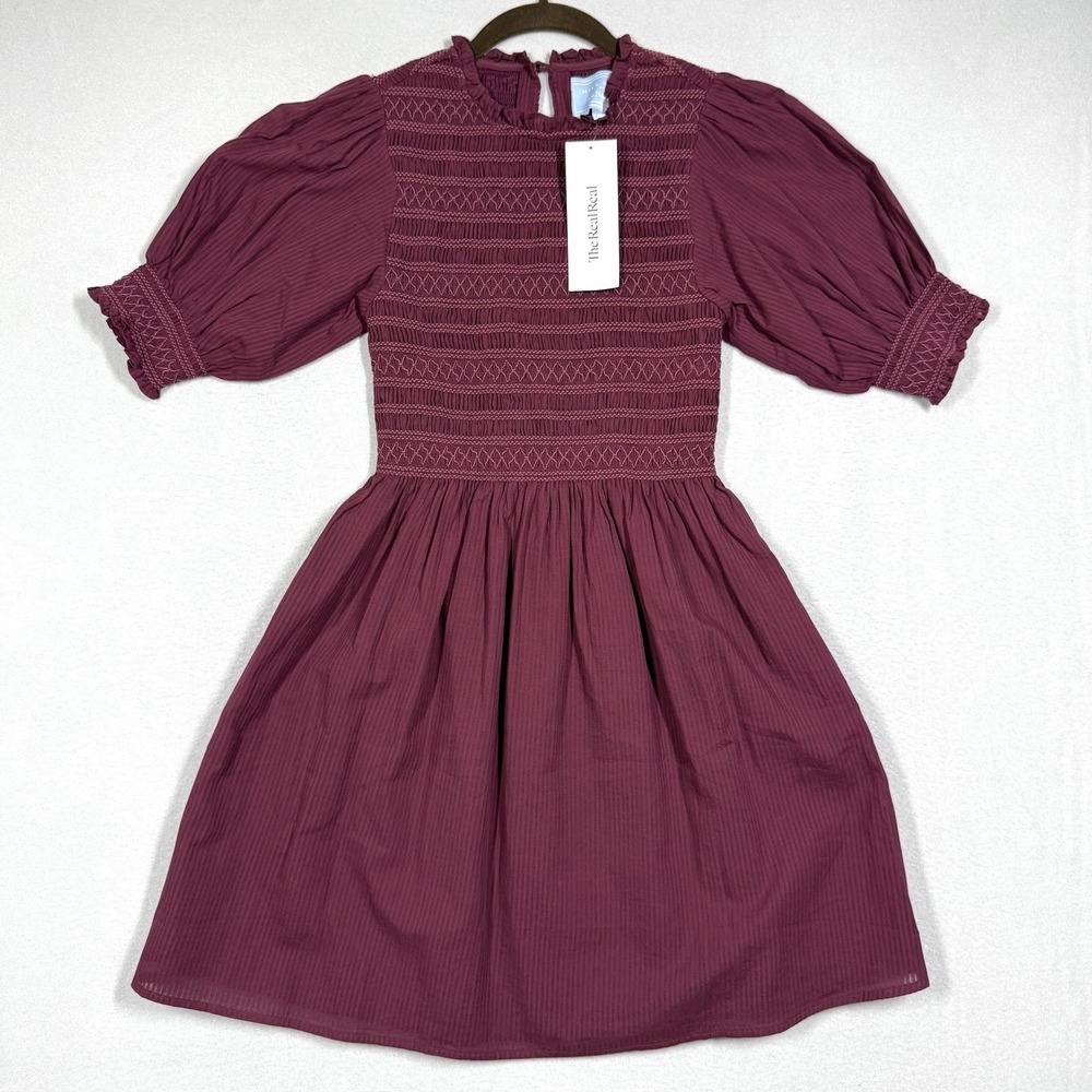 Hill House Home Dress Womens XXS The Vivi Smocked Nap Burgundy Shadow Stripe